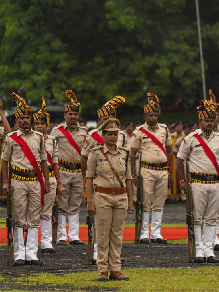 Indian police officers stand in formation during a ceremonial event in Sagar, MP, India.